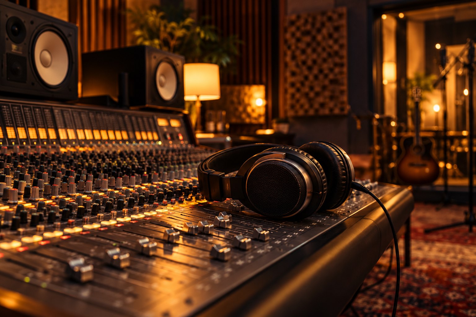 Headphones and a mixing console in an warmly lit music production studio